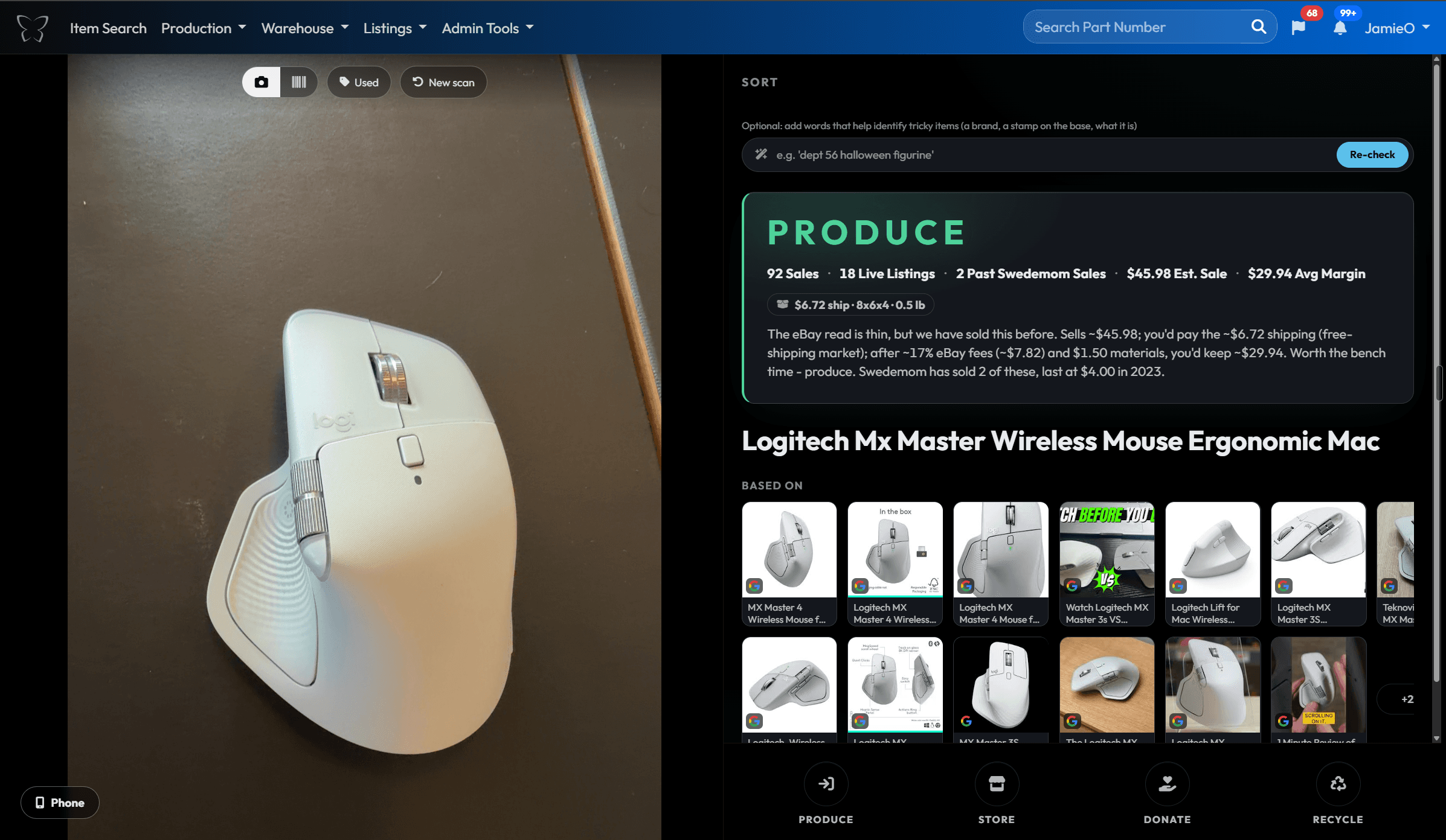 The Hub Sort screen: a photographed mouse identified in seconds with a Produce verdict, comparable sales, an estimated price, and the margin